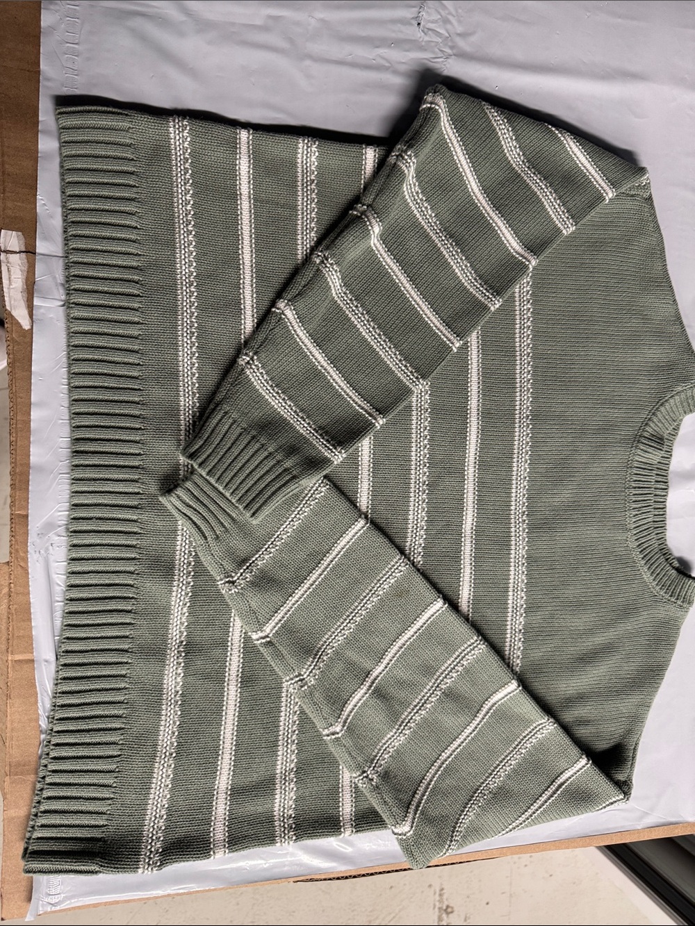 Ella Moss Olive Green and Cream Striped Crewneck Sweater